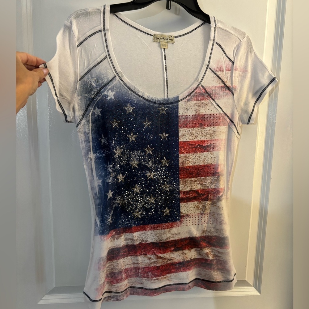Live And Let Live American Flag Graphic Scoop Neck Tee Sz M